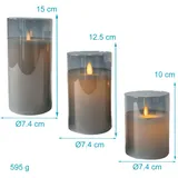 Intirilife 3x Kerzen flammenlose LED Kerzen aus Wachs im Glas in Grau - 7.4 x 15 /12.5 / 10 cm - Stumpenkerze Fernbedienung batteriebetrieben Deko Idee