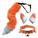 Katzen Ohren Stirnband Niedliche Stirnbänder Faux Schwanz und Ohren Set Pelzimitat Fuchsschwanz Katzenohren Stirnband Leder Choker Kette Cosplay Karneval Party Dekoration Kostüm (Orange, L)