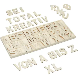 Relaxdays Holzbuchstaben Set, 104 TLG, Großbuchstaben A-Z, 5,5 cm hoch, XL Buchstaben zum Basteln, Deko Alphabet, Natur, 104 TLG., 10028685