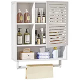 Yorbay Badezimmerschrank Hängend, Bambus Wandschrank mit Handtuchstange und Offenem Fach, Platzsparender Medizinschrank mit Einzeltür für Bad und Küche, 20 x 56 x 70 cm (Weiß)