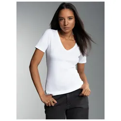 T-Shirt TRIGEMA "TRIGEMA V-Shirt aus Baumwolle/Elastan", Damen, Gr. XXL, weiß, 95% Baumwolle, 5% Elastan, Basic, Kurzarm, Shirts