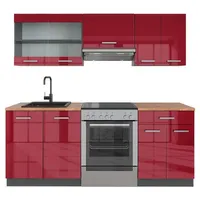 Vicco Küchenzeile Bordeaux Hochglanz/Anthrazit 200 cm, AP Eiche