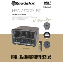 Roadstar HRA-270CD+BT Tragbares CD-Radio Vintage Digital Dab/Dab+/FM, CD-MP3-Player, Bluetooth, USB, Stereo, AUX-IN, LCD-Display, Fernbedienung, Kopfhöreranschluss, Alarm, Holz