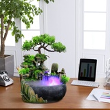 Zimmerbrunnen mit LED Beleuchtung,Lightakai Grüne Pflanze Brunnen Zimmerbrunnen Steingarten Tischbrunnen Harz Desktop Brunnen Innen Wasserfall Geschenk Dekoration für Zen Meditation Home Office