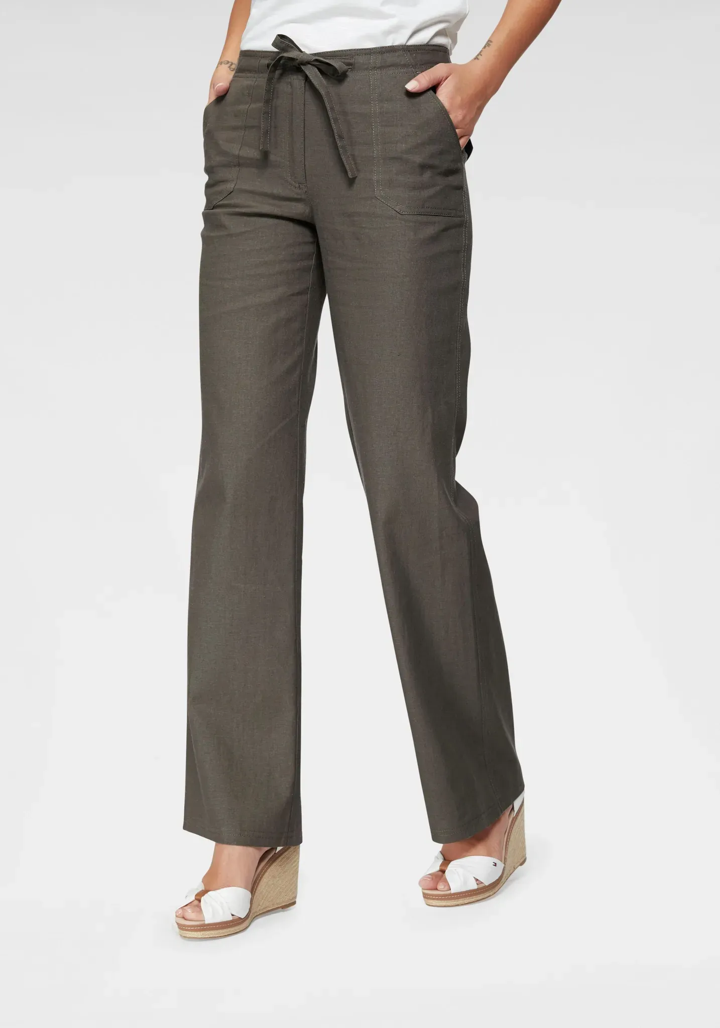 Leinenhose ANISTON CASUAL, Damen, Gr. 40, N-Gr, braun (schlamm), Web, Obermaterial: 55% Leinen, 45% Viskose, Leinenoptik, unifarben, Basic, figurumspielend lang, Hosen, mit Bindeband, Topseller