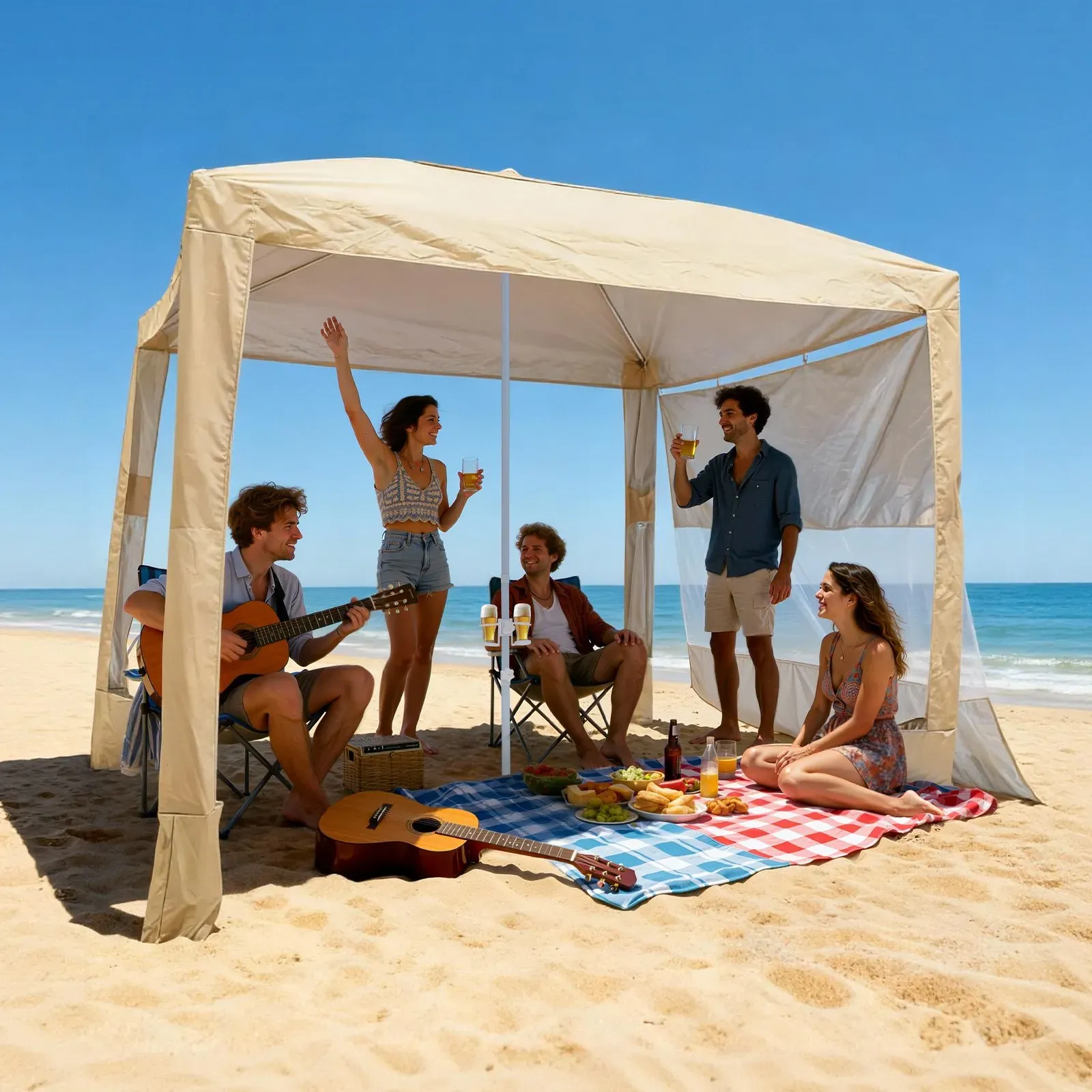 VEVOR Strand-Cabana, 2,4 x 2,4 m Strandüberdachung mit Seitenwand, UPF 50+ Sonnenschutz, Strandpavillon mit Sandsäcken, höhenverstellbarer & tragbarer Sonnenschutz für Familie und Freunde, Khaki