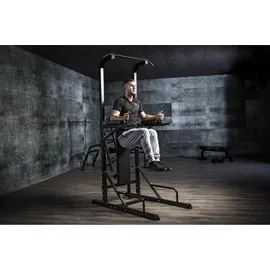 Gorilla Sports GORILLA SPORTS® Power Tower - mit Klappbar Hantelbank, Dip Station, Klimmzugstange, Liegestützgriff, 201x74x221cm, bis 150kg, Schwarz - Multifunk... - Schwarz