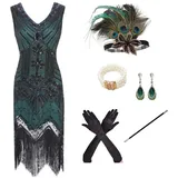 shoperama 20er Jahre Charleston Flapper Damen-Kostüm Grün/Schwarz Pailletten-Kleid mit Fransen und 5-tlg. Pfau Zubehör-Set, Größe:XL