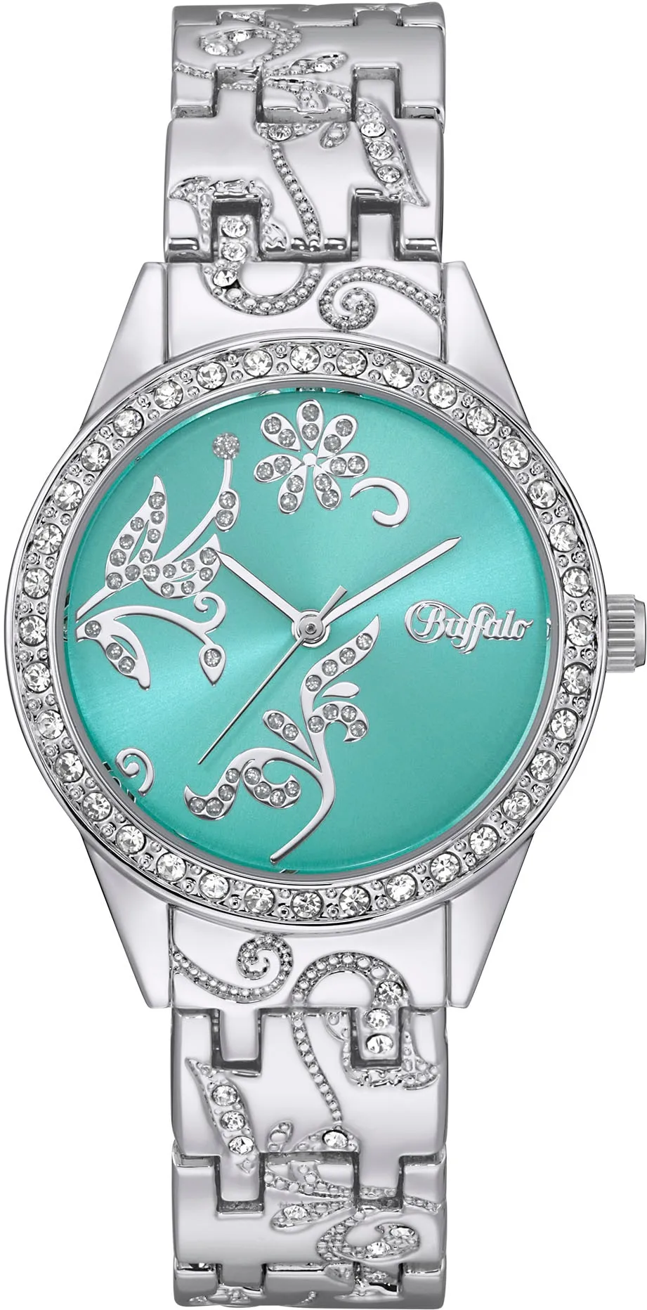 Quarzuhr BUFFALO Armbanduhren silberfarben Damen Quarzuhren Armbanduhr, Damen, florale Elemente, Glaskristalle