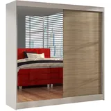 silape Schwebetürenschrank Basti 200 cm mit Spiegel - Kleiderschrank mit 2 Türen, Kleiderstange und Einlegeboden, 200x215x58 cm (Weiß/Sonoma) - Weiß