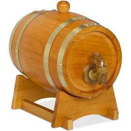 Relaxdays Whiskyfass, 1,25 l, Holz, Schnapsfass mit Bock & Zapfhahn, für Wein, Spirituosen, Deko Holzfass, Hellbraun
