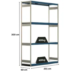 PROREGAL Weitspannregal ELCH Stecksystem T-Profil | Grundregal | HxBxT 300x201x60cm | 4 Ebenen | Stahlplatten-Fachboden | Fachlast 400kg | Enzianblau