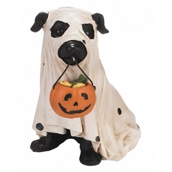 Horror-Shop Dekofigur Verkleideter Halloween Hund im Geist Kostüm mit Kü gelb|orange|schwarz|weiß