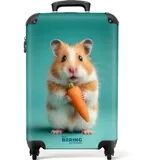 NoBoringSuitcases.com© Kinderkoffer Hamster mit einer Karotte auf blauem Hintergrund 55x35x20cm, 4 Rollen, Kinder Koffer Klein, Trolley Handgepäck, Reisekoffer blau|bunt|rot 35 cm x 55 cm x 20 cm