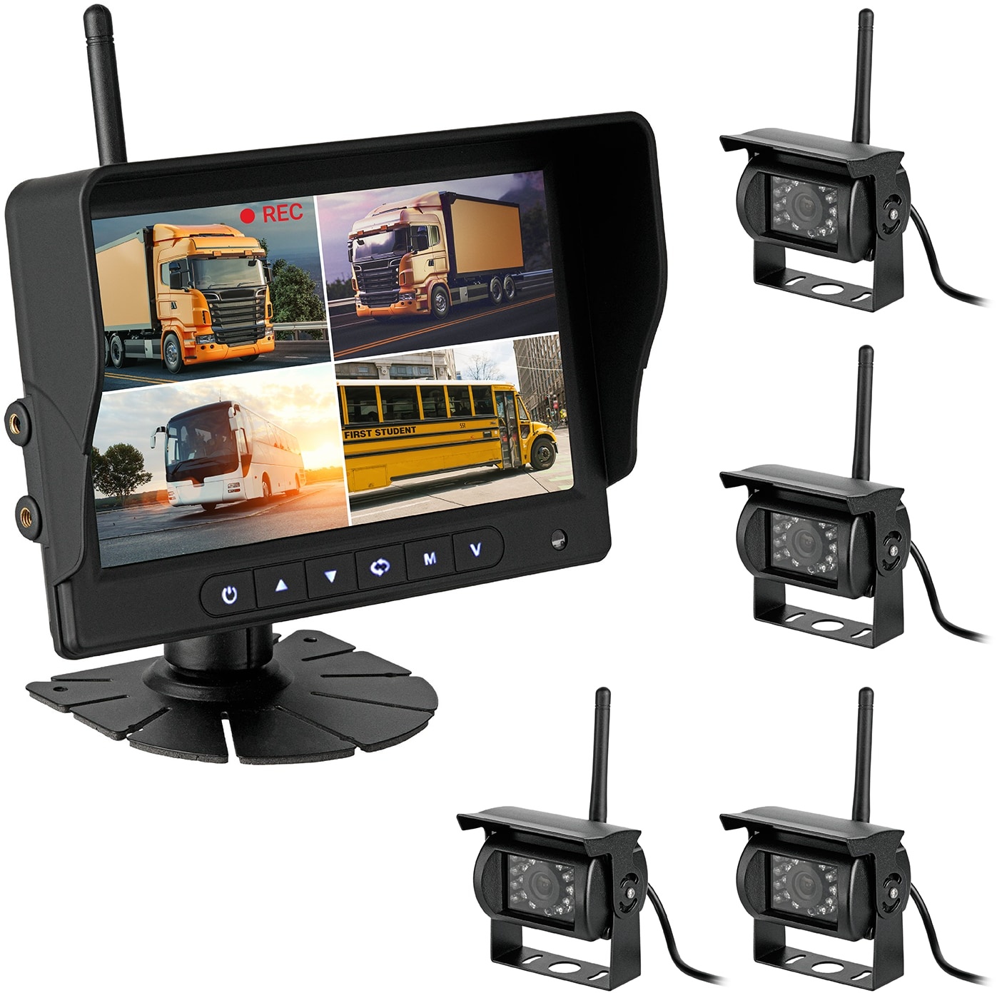 CARMATRIX AHD QUAD DVR 4 Kanal Funk Rückfahrsystem Digital für Auto Wohnmobil Monitor mit Mikrofon, Videoaufzeichnung