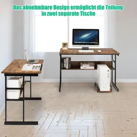 Costway L-förmiger Schreibtisch, Eckschreibtisch aus Holz mit neigbarer Tischplatte, unterem Bücherregal & CPU-Ständer, Zeichentisch Computertis... - Braun