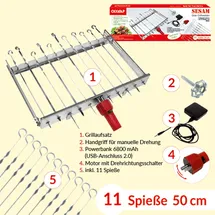 Olymp Edelstahl Spießdreher 11 Stück AKKUMOTOR Mangal Grill Drehspieß mit POWERBANK