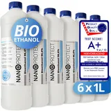 Nanoprotect Bioethanol 96,6% | 6 x 1 Liter | Flüssiger Ethanol Brennstoff für Indoor Kamin und Tischfeuer | Reiner Ethylalkohol als Lösemittel | Geprüfte Premium Qualität