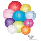 10 x Papier Lampions - Bunte Farbe Mix - Schwer Entflammbar - Inkl. LED mit Fernbedienung - Inkl. Haken - - Verschiedene Größen 25 cm, 35 cm, 45 cm