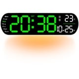 Creperture Wanduhr Digital, 35cm LED Wanduhr großem Display 9 Einstellbare Helligkeit, Woche, Temperatur, Speicherfunktion Wanduhr für Küche, Wohnzimmer, Schlafzimmer, Büro,Grün