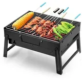 Unyqoos® Kompakter, tragbarer Holzkohlegrill aus Edelstahl – faltbar mit klappbaren Beinen (34 x 24 x 5,8 cm) für Camping, Picknick & Outdoor-K... - Schwarz