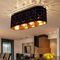 Deckenleuchte 4 flammig Esszimmer Deckenlampe Stoffschirm schwarz gold Muster, Dekorlinien Textil, Fassungen 4x E27, LxBxH 60x20x21 cm
