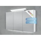 Intarbad Badezimmerspiegelschrank 3-türiger Spiegelschrank mit großflächiger MULTI LED Aufsatzleuchte (Doppelspiegeltüren, Holz-/ Lackdekore, Maße von 120 bis 140 cm wählbar, Höhe 70 cm, Glasfachböden, Magnetleiste & Kosmetikspiegel Ø 12 cm) dimmbar, Vormontierte Lieferung, 160 kg Traglast, Made in Germany weiß 120 cm x 70 cm x 13,5 cm