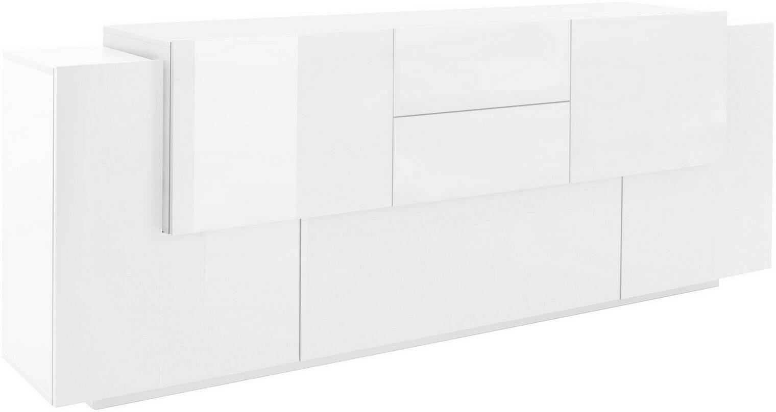 Dmora Kommode Cesare, Küchen-Sideboard mit 5 Türen und 2 Schubladen, Wohnzimmer-Buffet, Küchen-Sideboard, cm 220x45h86, glänzend und matt weiß