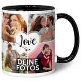 GRAVURZEILE Tasse mit dem Spruch Love zum selbst gestalten mit Foto Collage für acht eigene Fotos - Fototasse personalisiert - Persönliches Geschenk für Paare Freundinnen und Familie - Schwarz & Weiß