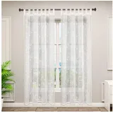 Woltu Gardinen transparent Blumen Stickerei mit Schlaufen Leinen Optik(2 Stücke) Beige 140x225 cm, - Woltu