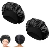 2 Stück Schlafhaube Seide,Seidenhaube zum Schlafen,Schlafhaube Haare Schützen,Silk Bonnet Sleep Cap,Satin Haarhaube für Die Nacht,Schlafmütze mit Gummizug,Haarschutz für Damen und Mädchen (Schwarz) - M