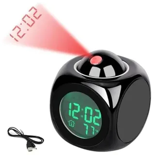 Kznifmk Elektronische Projektionsuhr Englische Uhr, Projektionsuhr Multifunktionswecker, LCD-Projektionswecker Schwarz