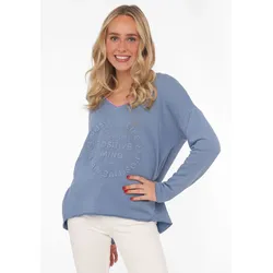 Sweatshirt ZWILLINGSHERZ "Positive Mind", Damen, Gr. LXL (L/XL), blau (jeansblau), Obermaterial: 70% Baumwolle, 30% Polyester, unifarben, modisch, normal hüftlang, V-Ausschnitt, Langarm, Sweatshirts, mit Kontrastnaht in Neonfarbe