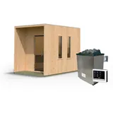 Woodfeeling Karibu Design Saunahaus Laguna Blackline - 73 mm naturbelassen Inkl. Terrasse 9 kW Ofen inkl. Steuergerät inkl. 8-teiligem gratis Zubehörpaket (Gesamtwert 191,92€)