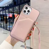 Sitthyw Handykette Hülle kompatibel mit iPhone 13 Pro Leder Brieftasche Kartenfach Handyhülle mit Band zum Umhängen Kordel Case Schutzhülle 4 in 1 Rosa Handy-kette Ständer Wallet Kartenpaket