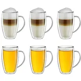 Creano doppelwandiges Thermoglas mit Henkel 250ml, großes Doppelwandglas aus Borosilikatglas, Kaffee-/Teeglas,6x 250ml