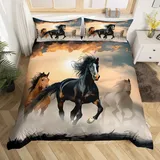 Loussiesd Schwarzes Pferd Druck Bettwäsche Set 135x200cm 3D Tiere Bettbezug Set Laufende Pferde Bettwäsche-Set für Jungen Teens Schlafzimmer Dekor Bettbezug Tiere Thema Braun Pferd Muster Bettwäsche