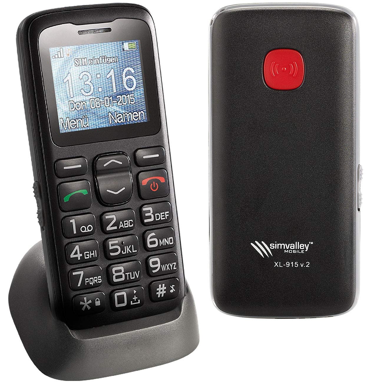 simvalley MOBILE Handys ohne Vertrag: Komfort-Handy XL-915 V2 mit Garantruf & Ladestation (schnurlos Telefon, Senioren Notruf Telefon, seniorenhändy)