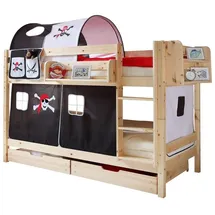 TICAA Etagenbett Marcel 90 x 200 cm inkl. Vorhang Kiefer massiv natur pirat/schwarz/weiß