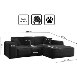 kaiser möbel Ecksofa, Eckcouch L form, Wohnzimmer Couch SIENA stoff Poso Schwarz Ottomane Rechts - Schwarz
