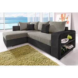 Ecksofa COLLECTION AB "John L-Form", schwarz (schwarz, grau), B:226cm H:80cm T:160cm, Sofas, Regalarmlehne,Bettfunktion,Bettkasten,Ottomane beiseitig montierbar