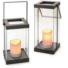 technik@all Technik All LED Design Laternen 2er Set 'Garda' – mit Flackerlicht, Timer & Batterien – Metall & Glas – Innen/Außen - Dunkelgrau