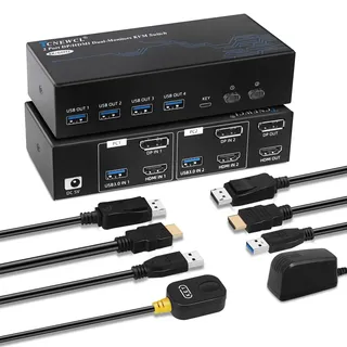TCNEWCL 4K 120Hz HDMI Displayport KVM Switch 2 PC 2 Monitor 8K 60Hz DP 1.4 HDMI 2.1 USB 3.0 KVM-Switches Dual Monitor, Support Extended & Copy Mode, mit 2 HDMI+DP+USB Kabeln und Desktop Controller