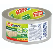 Tesa Packband ECO Ultra Strong ecoLogo & transparentes Kunststoff-Packband mit extra starker Haftkraft - umweltfreundliches Klebeband, lösemittelfrei hergestellt - 66 m x 50 mm