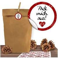 Adventino Adventskalender 24 Kraftpapiertüten mit 24 weihnachtlichen Aufklebern Liebevolle Botschaften zum Verschließen als Weihnachts-Geschenktüte zum Basteln und Befüllen