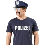 PartyMagix Polizei Kostüm T-Shirt mit Mütze Brille und Schnurrbart Verkleidung Karneval Fasching Karnevalskostüm in Blau Faschingskostüm für Erwachsene Unisex, Größe XXL