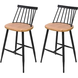 Mendler 2er-Set Barhocker HWC-G69, Tresenhocker Barstuhl, Massivholz Retro Design Metall Fußablage Gastronomie ~ naturfarben