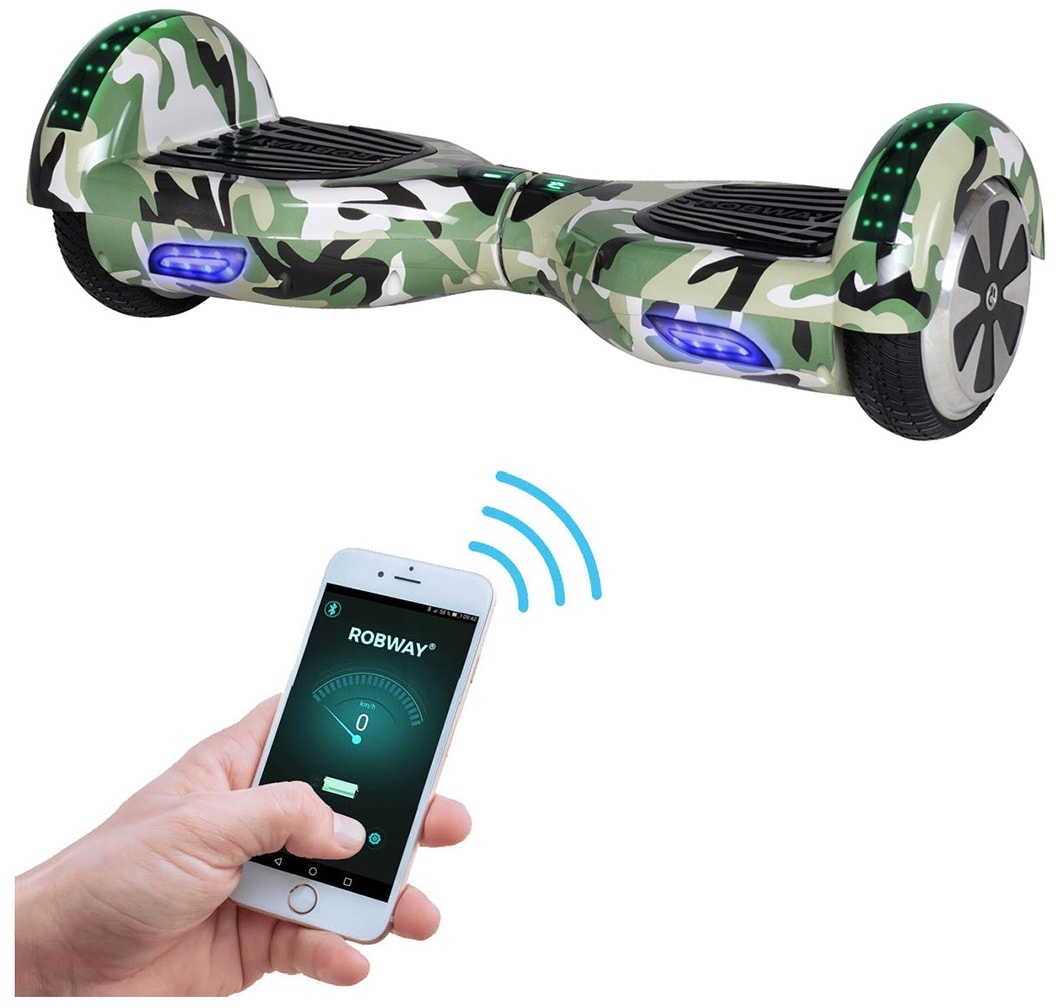 ROBWAY W1 Hoverboard für Erwachsene und Kinder, 6,5 Zoll, Self-Balance, Bluetooth, App, 700 Watt, LEDs (Camouflage)
