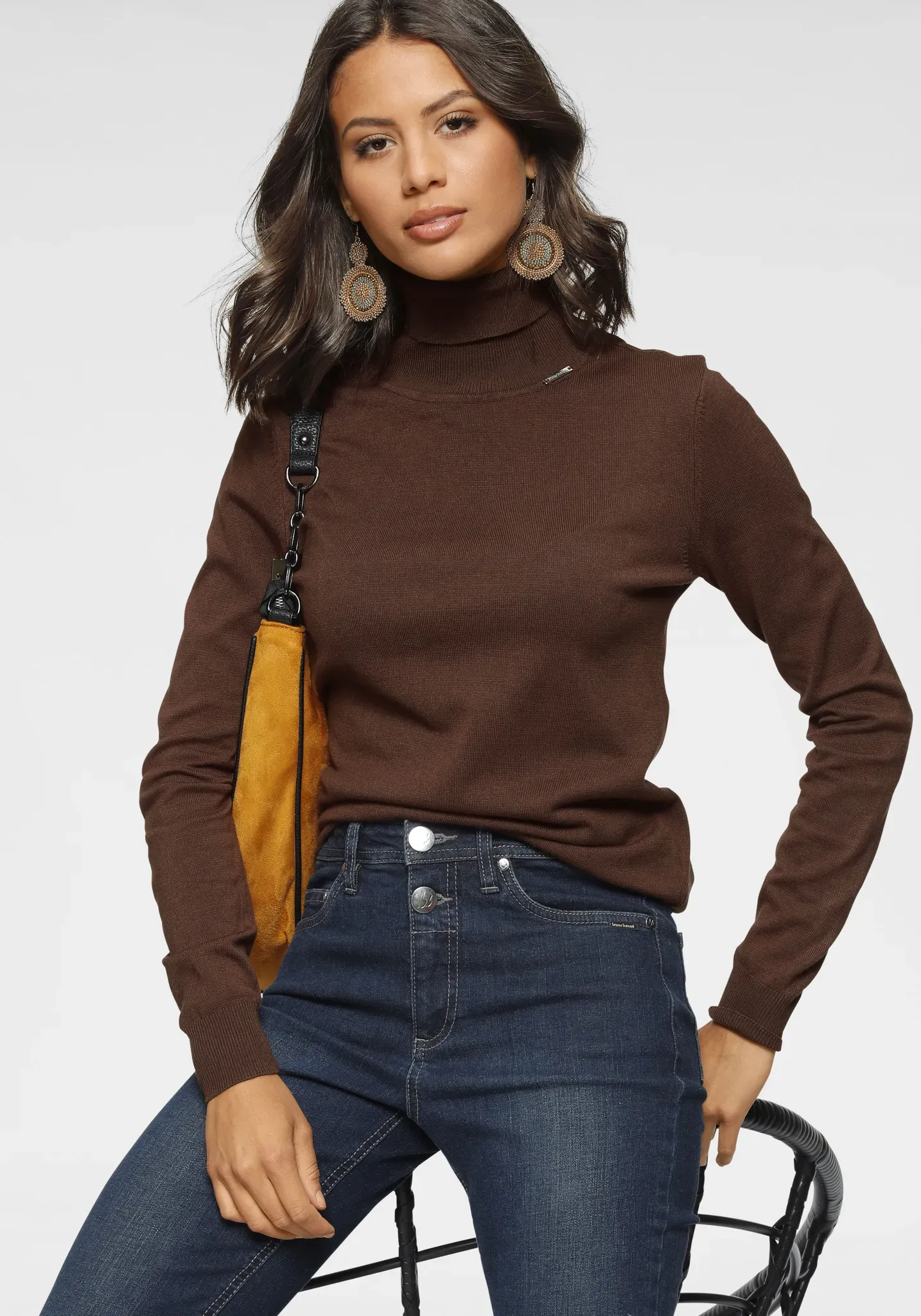 Rollkragenpullover BRUNO BANANI, Damen, Gr. 32/34, braun, Feinstrick, Obermaterial: 70% Viskose, 30% Polyamid, unifarben, Basic, figurbetont hüftlang, hoch geschlossener Ausschnitt, Rippbündchen, Pullover Pullover Rollkragenpullover, mit Metalllogo