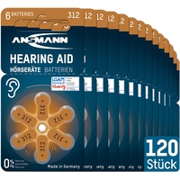 Ansmann 120x Hörgerätebatterien 312 braun - Typ PR41 1, 4 V Zink Luft Made in Germany - Batterie für Hörgeräte, Hörhilfen, Batterien, Hearing aids, 990-0128